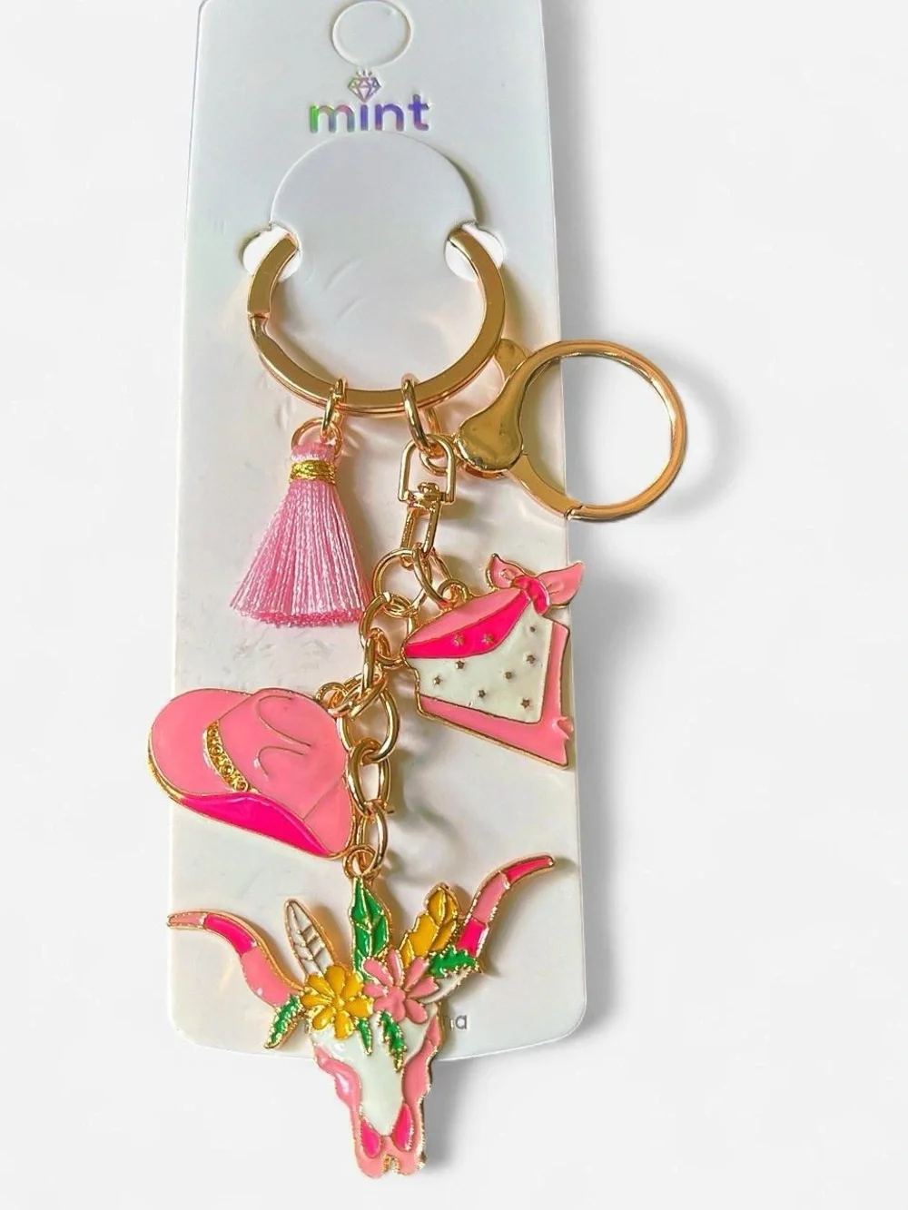 Mint pink western charm keychain with tassel and floral steer skull